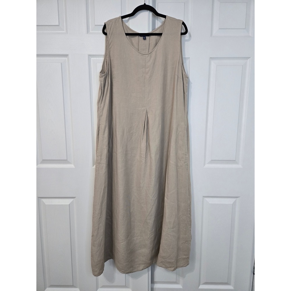 TravelSmith XL Tan 100% Linen Sleeveless V-Neck Pleated Maxi Dress Pockets